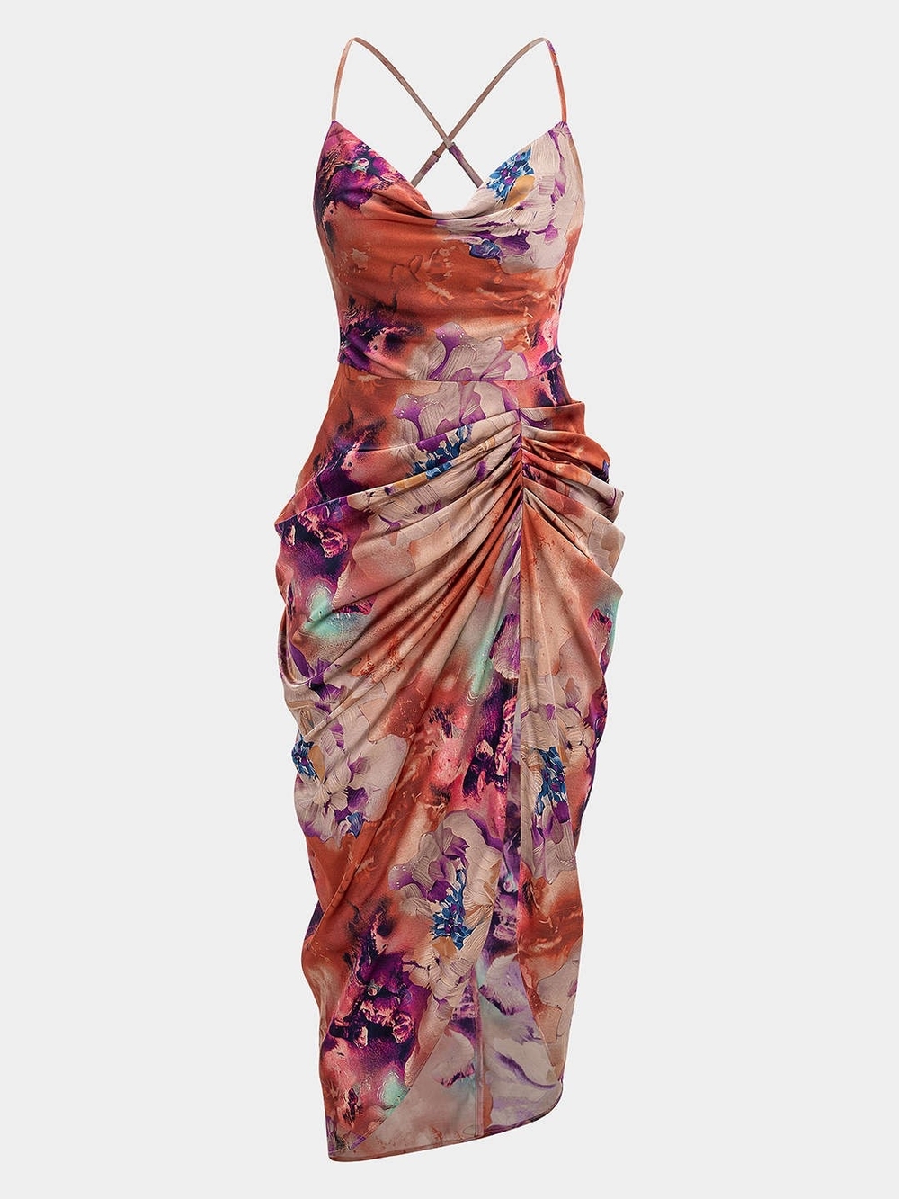 Ruched Floral Satin Midi Dress in Coral-Pink